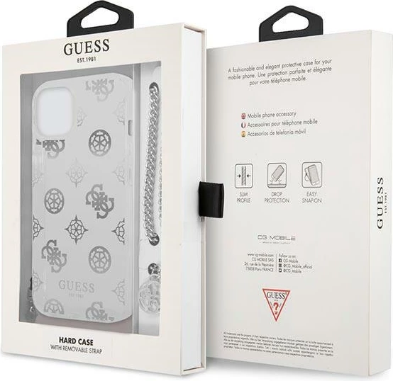 Mbështjellës Guess Peony Chain për iPhone 13 mini 5.4", argjendtë