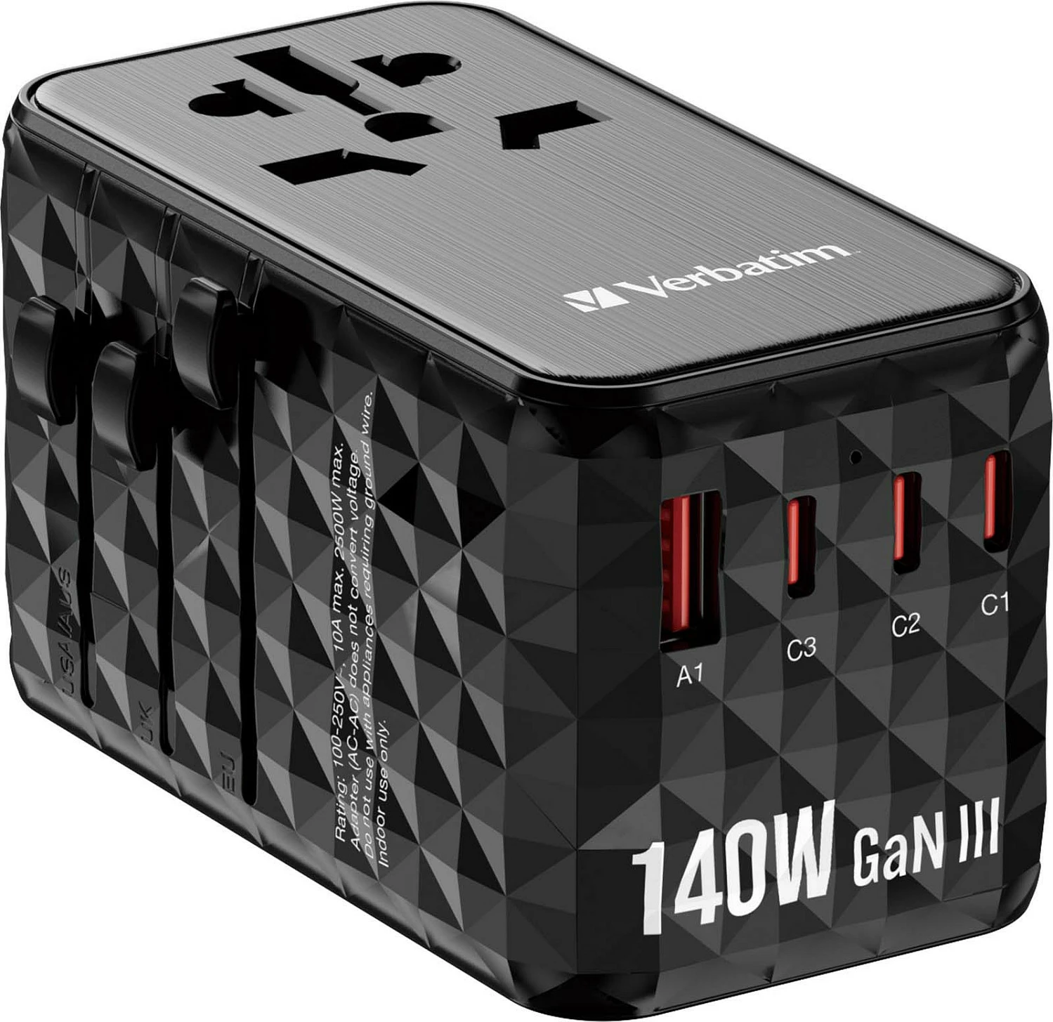 Adapter udhëtimi universal Verbatim UTA-10 GaN III, 140W, 3x USB-C PD, 1x USB-A, i zi