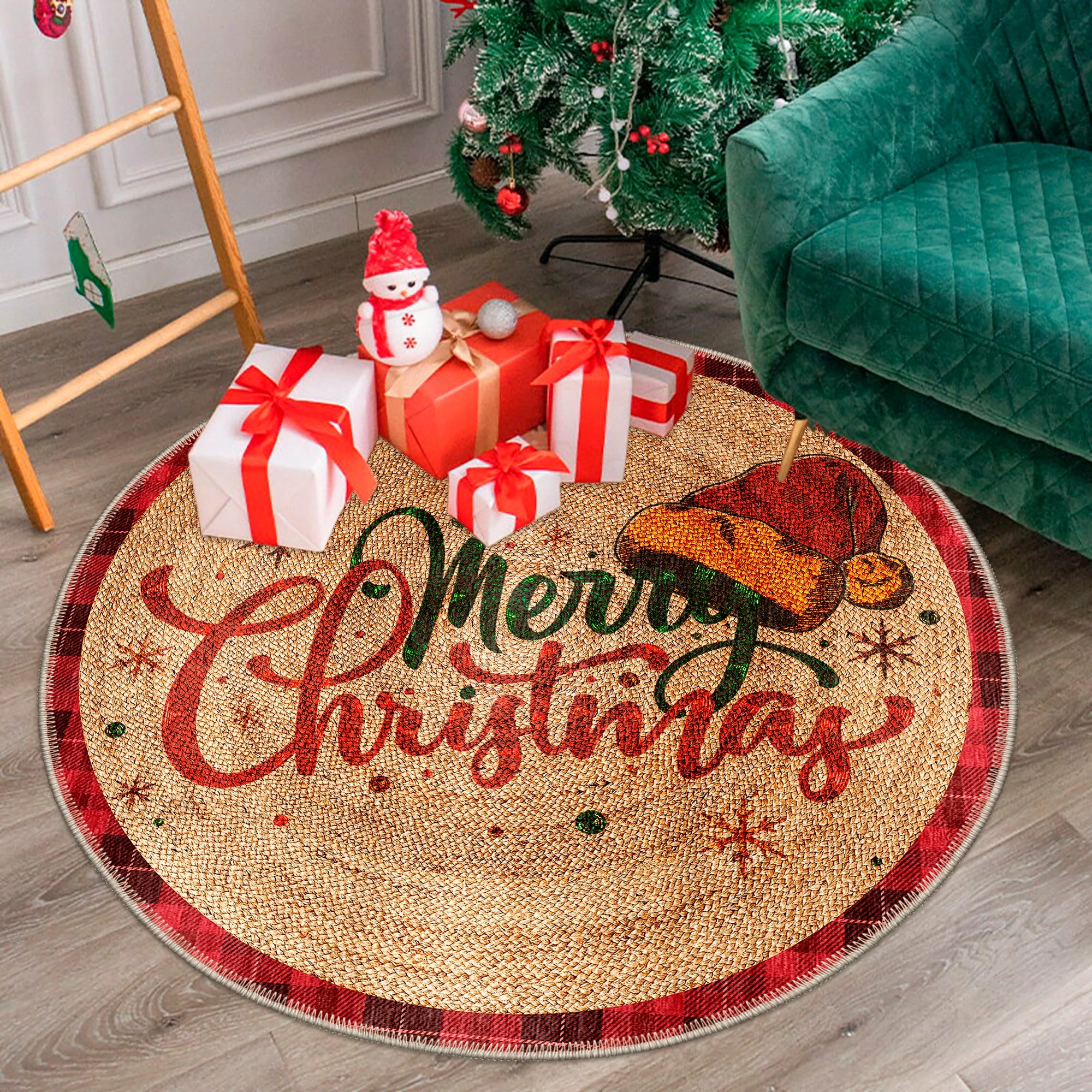 Qilim i rrumbullakët, dizajn 'Merry Christmas', shumëngjyrësh, Woobtny0318, 110x110cm