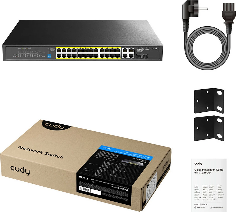 Switch Cudy GS1028PS2, Gigabit Ethernet, PoE, Montim në rack, Ngjyrë e zezë