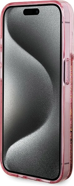 Mbështjellës Guess Liquid Glitter Gold Stripes për iPhone 15 Pro, Rozë