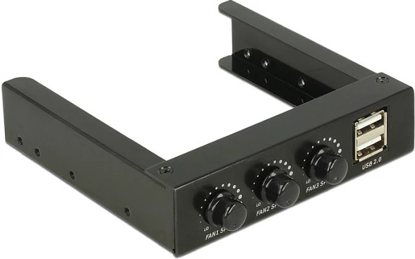 Panel frontal kontrollues ventilatorësh DeLOCK 62714, 3 kanale, 2x USB 2.0, 3.5", i zi