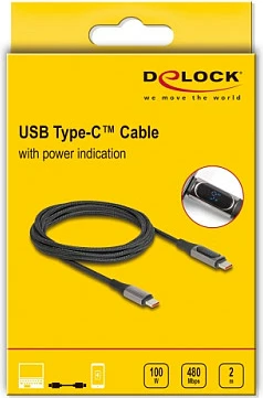 Kabllo USB-C DeLOCK USB 2.0, PD 3.0 100W, 2m, me ekran të fuqisë, e zezë