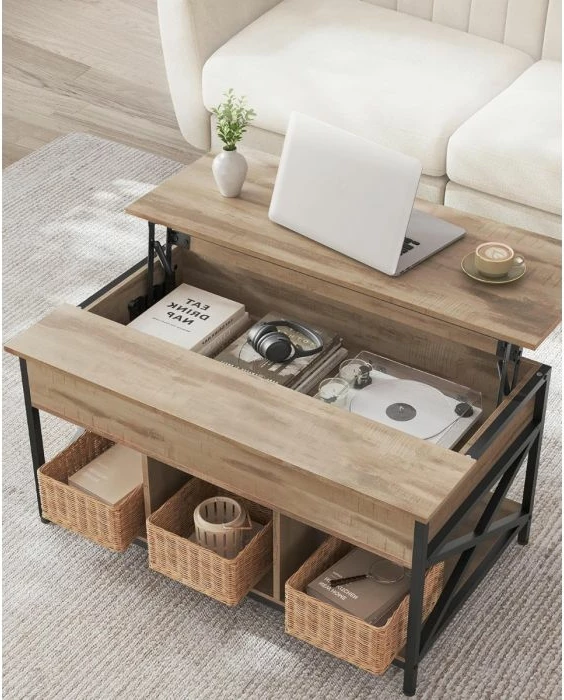 Tavolinë kafeje VASAGLE LCT205K50V1, kapak ngritës, lartësi e rregullueshme 48–62 cm, me hapësirë ruajtjeje, 60×95 cm, kafe kamel/zi