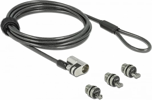 Kabllo sigurie për laptop DeLOCK Navilock 20676, 2 m, kyç me çelës rrethor, 3 koka (Nano/Wedge/Kensington), çelik, 2 çelësa, e zezë/argjend