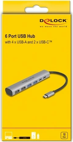 USB hub DeLOCK 6 porta, alumini, USB 3.2 Gen 1, Type-A + Type-C, gri