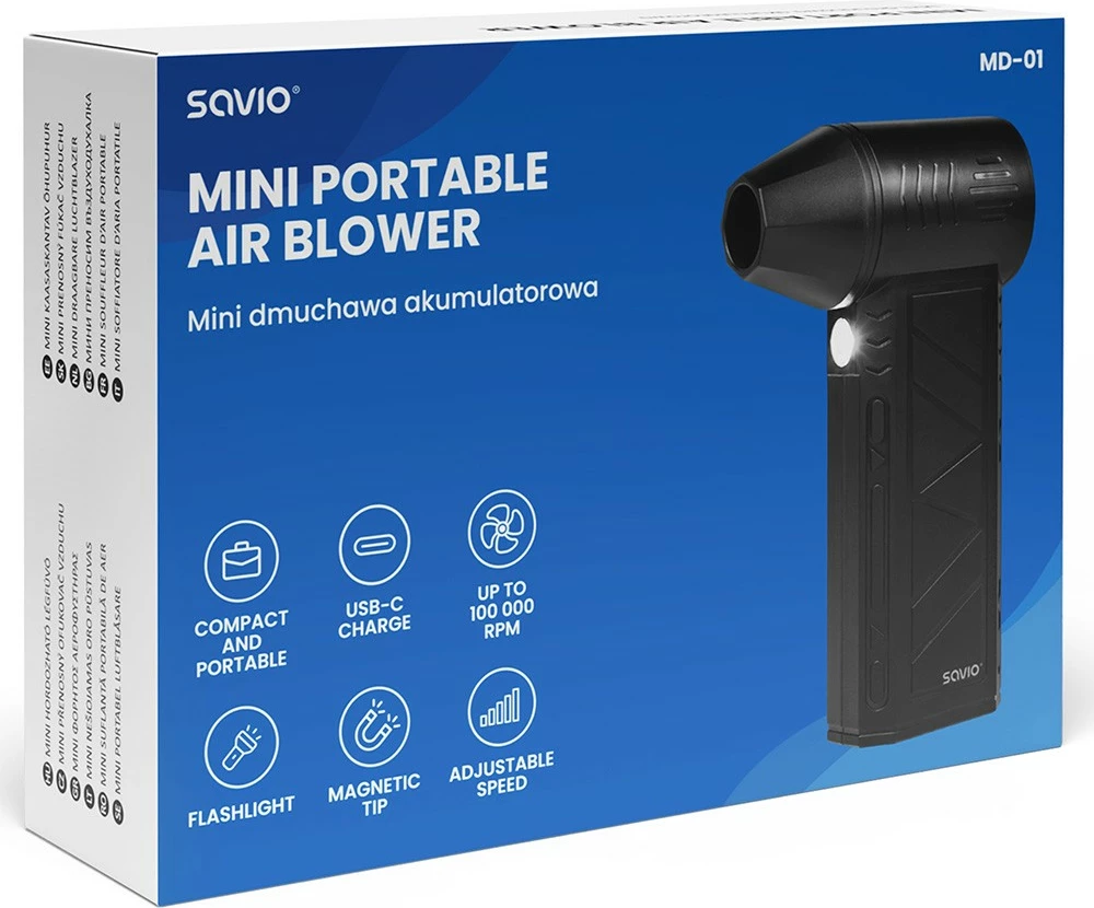 Fryrës pa kabllo mini, Savio, MD-01 (SAVMD-01), 4000 mAh, deri 100000 RPM, USB-C, dritë LED, 3 shpejtësi + Turbo, e zezë