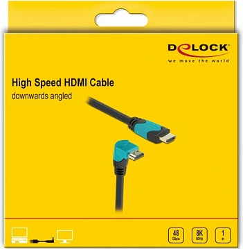 Kabll HDMI DeLOCK High Speed 8K 48Gbps, 1m, 90° këndor poshtë, zi/kaltër