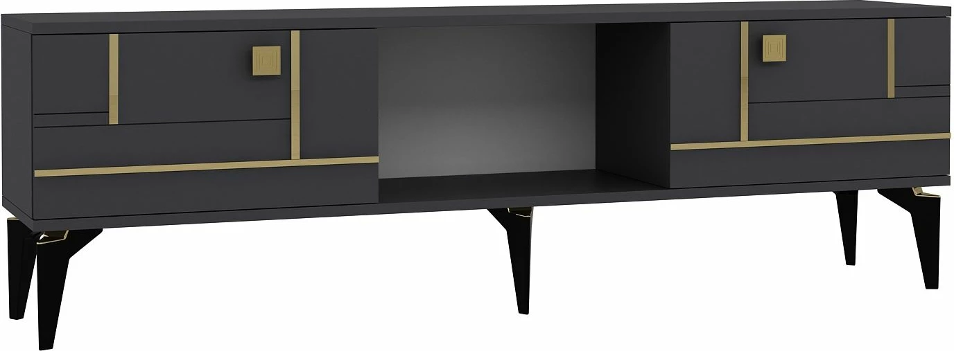 Komodë TV Skye Decor, ngjyrë antracit, detaje ari