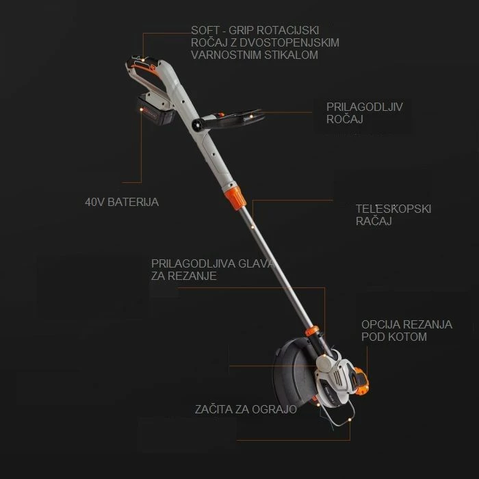 Trimer bari pa kabllo VONHAUS 3500229 40V, diametër prerje 300 mm, shtyllë teleskopike 96.5–131.5 cm, me karikues, gri/portokalli