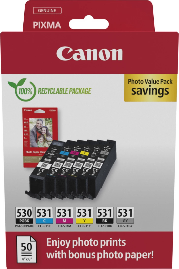 Fishekë boje, Canon PGI-530/CLI-531 (6117C004), për printerë PIXMA, me letër foto, e zezë/cyan/magenta/e verdhë/gri, set multipack