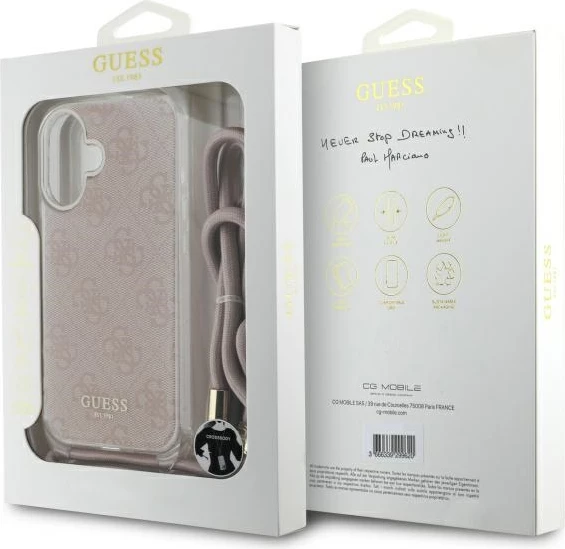 Mbështjellës Guess Crossbody Cord 4G Print për iPhone 16, Rozë