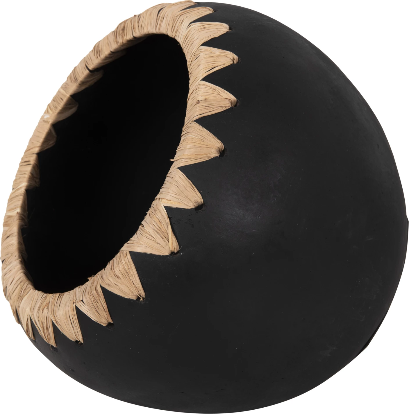 Vazo dekorative FH4374 terrakote, ngjyrë e zezë me thurje kashte në buzë, Φ29x23H cm