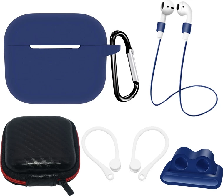 Mbështjellës AirPods 3 Hurtel set me karabiner, rrip qafe, mbajtëse për orë, blu