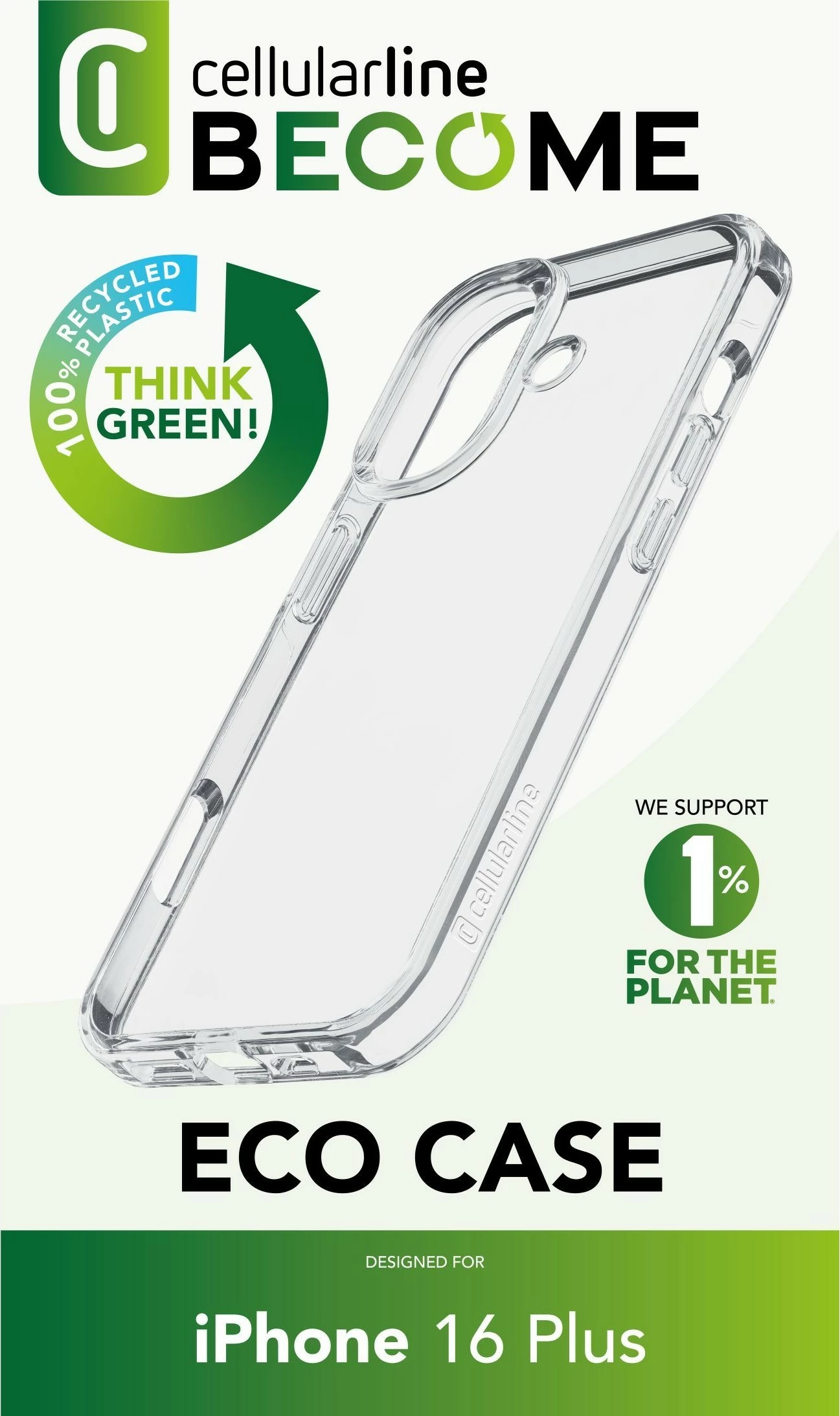 Mbështjellës Cellular Line Become Eco Case për iPhone 16 Plus, transparent