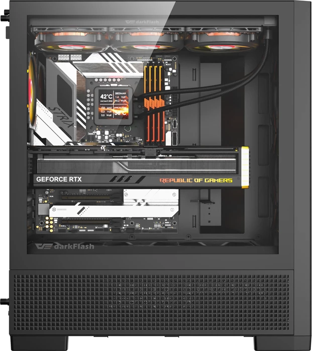 Kasë DarkFlash AIRNOVA Big Tower, suport E-ATX/ATX/M-ATX/ITX, USB-C Gen2 10 Gbps, deri 10 tifozë, e zezë, set me 3 tifozë