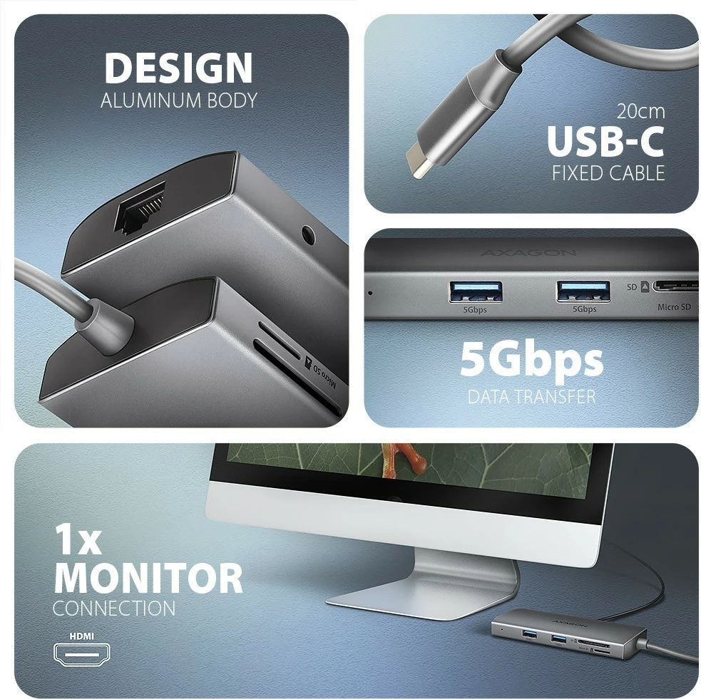 Hub multiport AXAGON HMC-8HLSA, 9-në-1, USB-C, HDMI 4K, 3x USB-A, SD/microSD, GLAN, Audio, PD 100W, 20cm, Gri