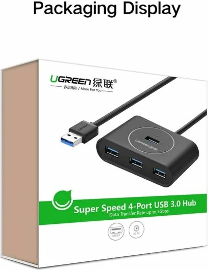 USB hub UGREEN 20291, 4 porte USB 3.0, kabllo 1 m, e zezë, në kuti