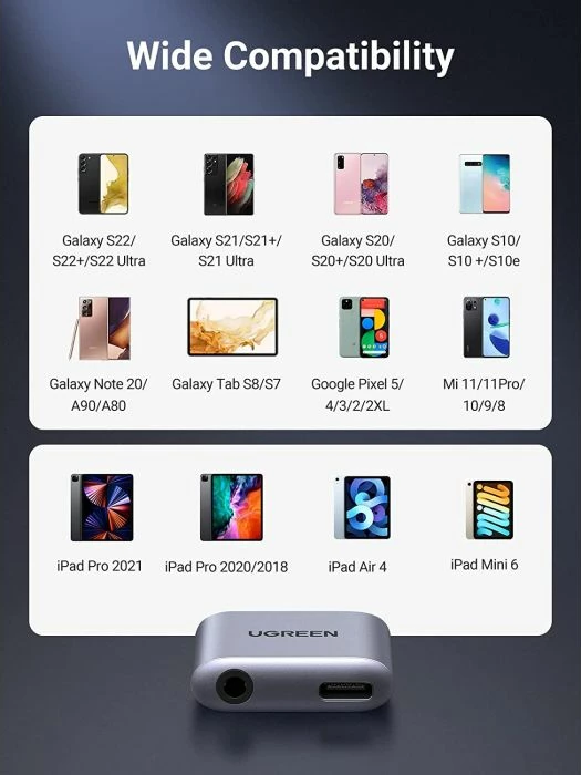 adapter USB-C në 3.5mm + USB-C UGREEN 60164, 2-në-1, PD 60W, DAC 24bit/96kHz, gri