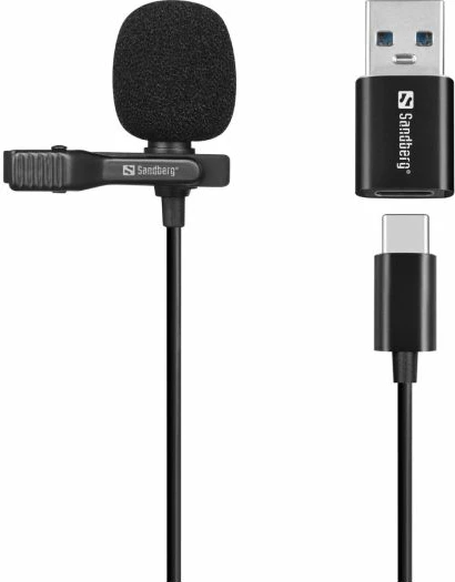Mikrofon me kapëse USB SANDBERG Streamer 126-40, kabllo 3 m, omnidireksional, 48 kHz/16-bit, i zi, set me adapter USB-C në USB-A