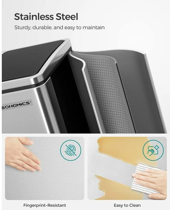 Kosh riciklimi SONGMICS LTB30H 2x15 L me pedal, soft-close, çelik, argjend/zi, 1 copë