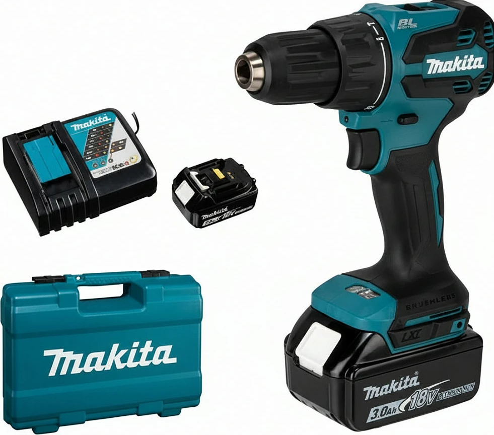 Shpuese-vidhosëse me bateri me goditje Makita DHP490RFX3, 18V LXT, 2x 3.0Ah, me karikues dhe valixhe, turkez/zezë
