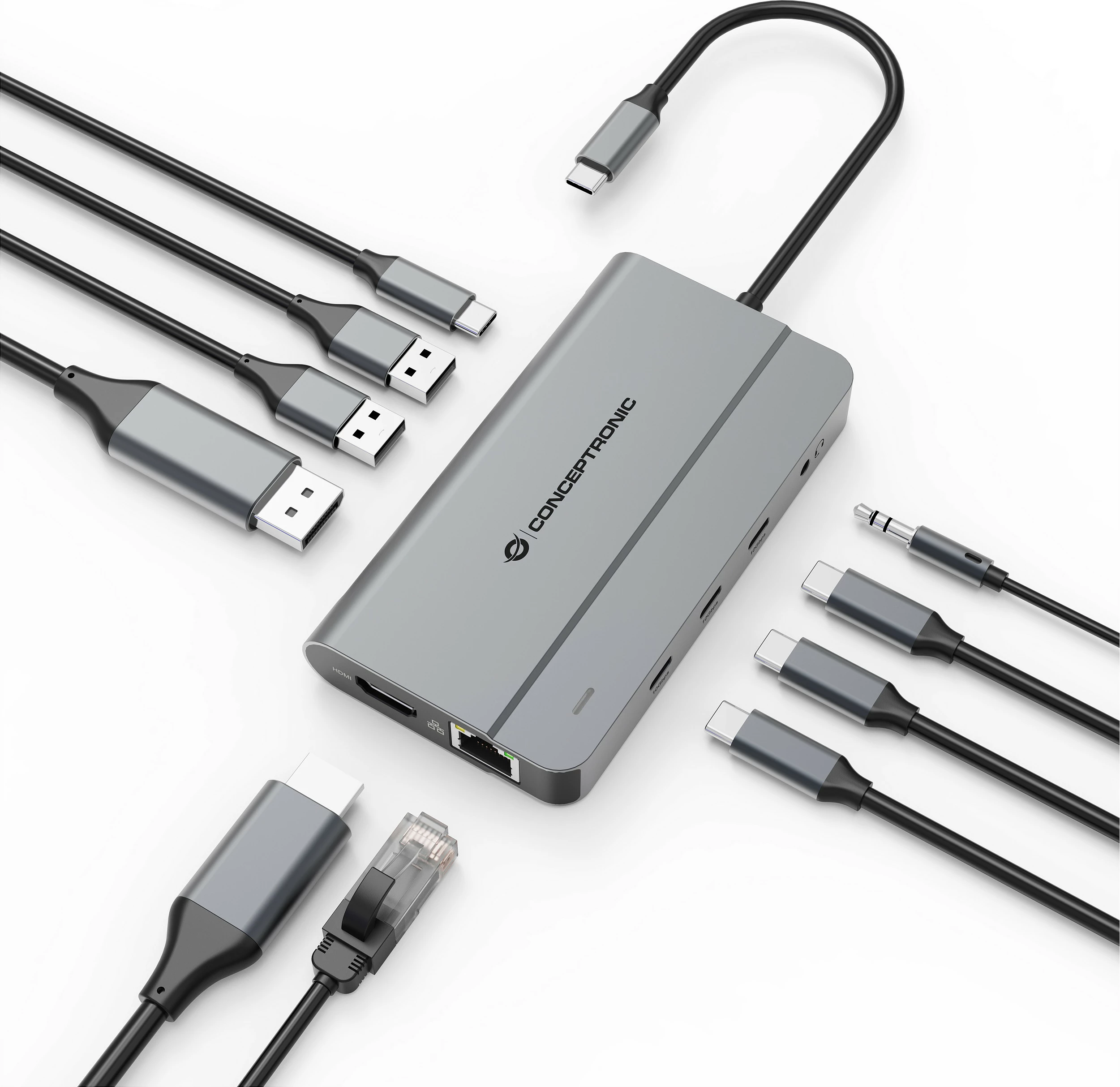Dok USB-C Conceptronic 10-në-1, 8K HDMI/DisplayPort, 100W PD, Gigabit LAN, gri