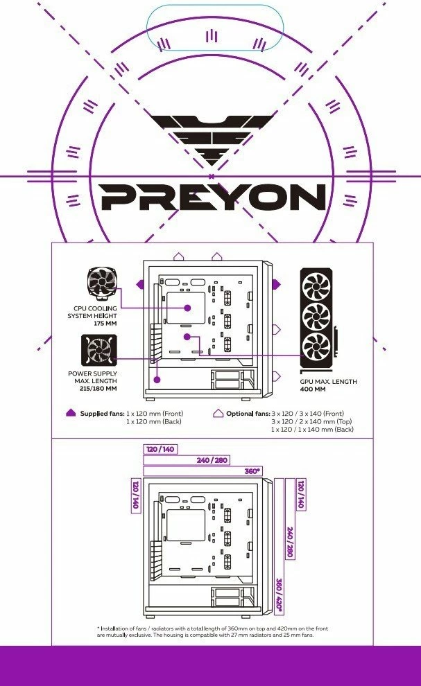 Kasë PREYON Nest Meshy PRENM02B Midi Tower ATX/eATX me xham të kalitur, 2 ventilatorë, e zezë
