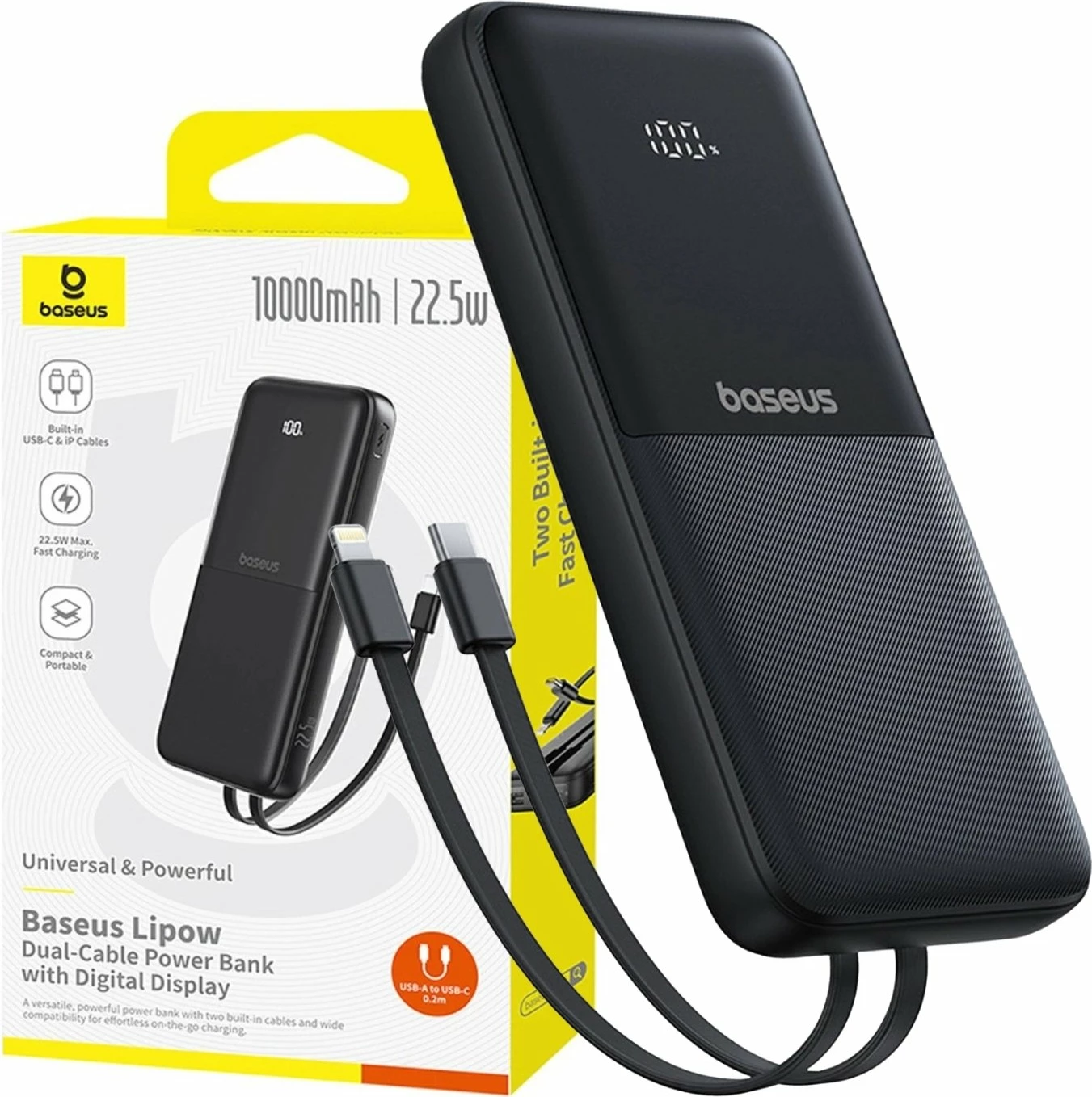 Powerbank Baseus Lipow 10000mAh 22.5W me ekran, me kabllo të integrume + kabllo USB-A në USB-C 0.2m, i zi