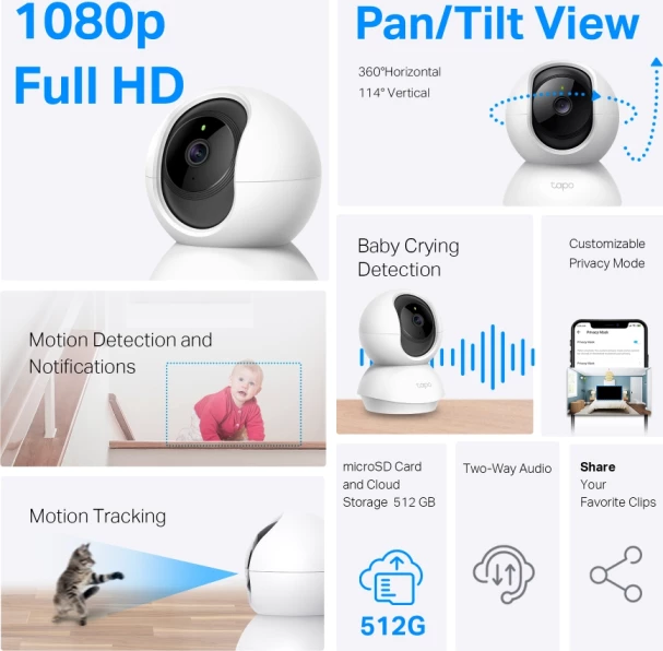 Kamerë sigurie WiFi e brendshme TP-LINK Tapo C200 V5 1080p Pan/Tilt, e bardhë