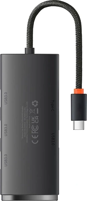 Kasë Baseus Lite Series HUB 4-në-1, USB-C në 4x USB 3.0 + USB-C, 25cm, e zezë