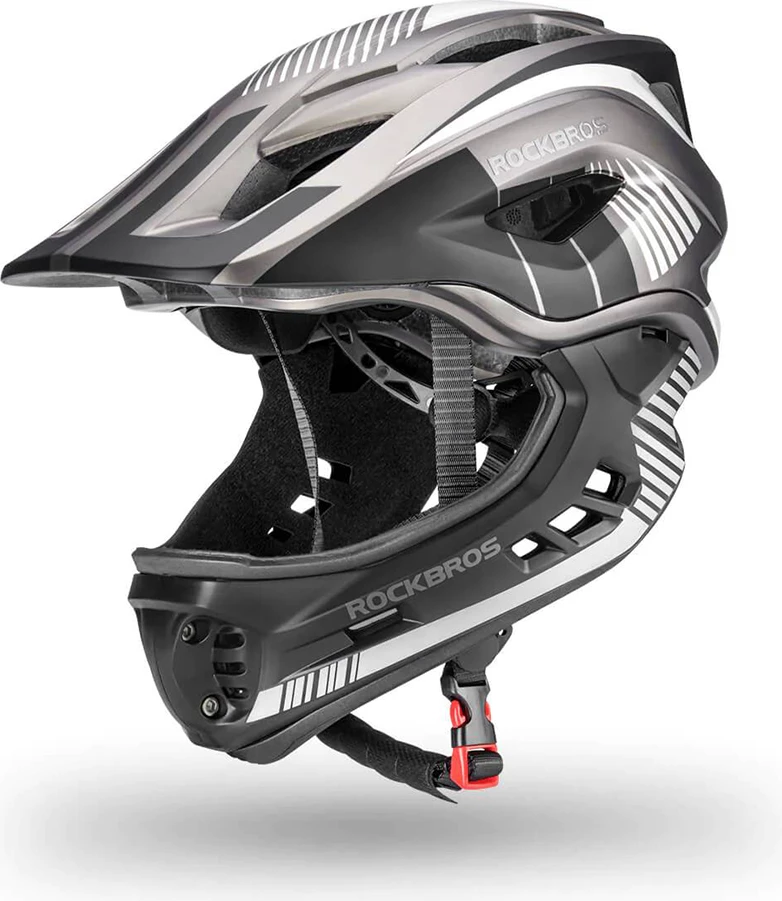 Helmetë biçiklete për fëmijë, Rockbros TT-32SBTG-S, full-face me mjekër të heqshme, rregullim 360°, S (48-54 cm), gri/zezë