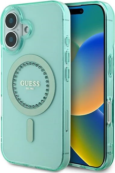Mbështjellës Guess IML Rhinestones MagSafe për iPhone 16, Gjelbër