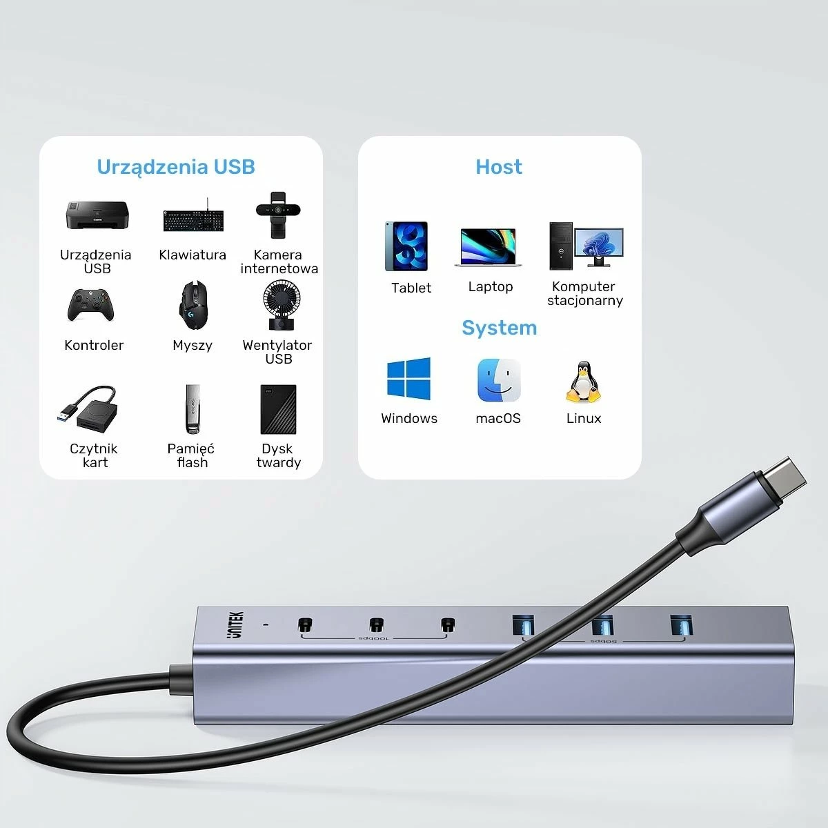 Hub USB-C Unitek Active, 3x USB-C 10Gbps + 4x USB-A 5Gbps, me adapter rryme, gri