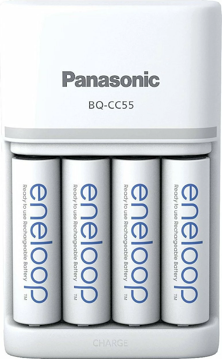 Karikues baterish Panasonic Eneloop Smart & Quick BQ-CC55, për AA/AAA Ni-MH, 4 vende, set me 4x AA 2000 mAh, i bardhë