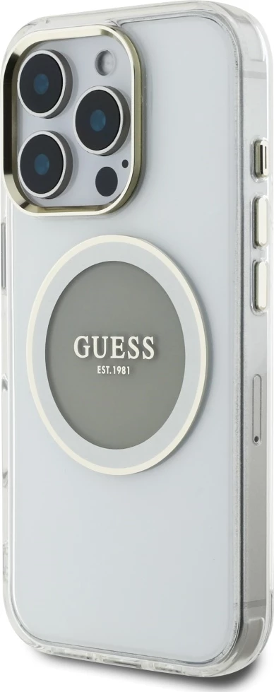 Mbështjellës Guess IML Metal Colored Circle Classic Logo MagSafe për iPhone 16 Pro, Gri