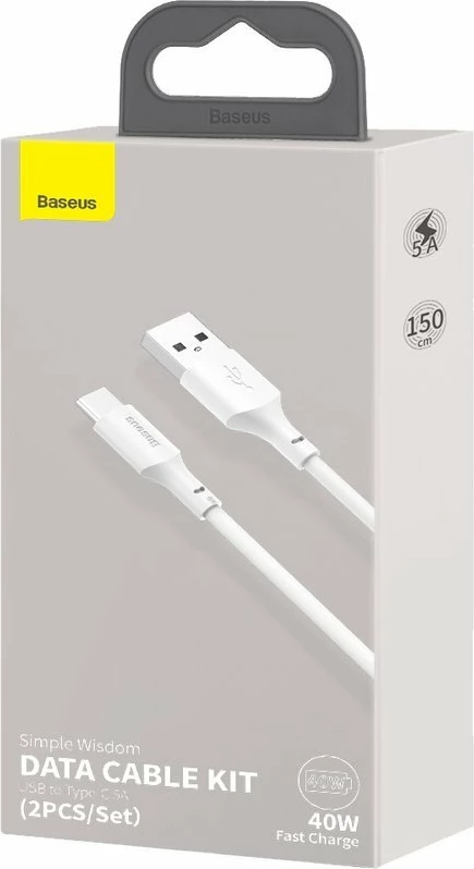 Kabllo USB në USB Type-C Baseus TZCATZJ-02, 1.5m, 40W, Set 2 copë, Bardhë