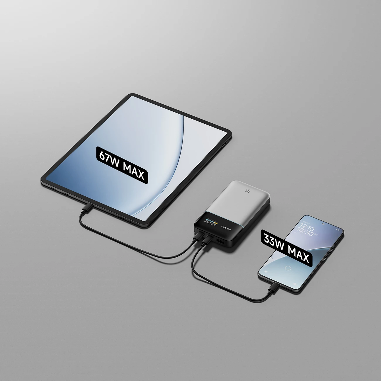 Powerbank Cuktech PB150S 15000mAh 100W, 3 porta (2x USB-C, 1x USB-A), me ekran TFT, me kabllo USB-C, gri