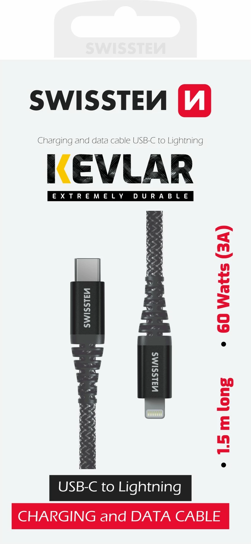 Kabllo karikuese USB-C në Lightning Swissten, 60W, 1.5m, e zezë