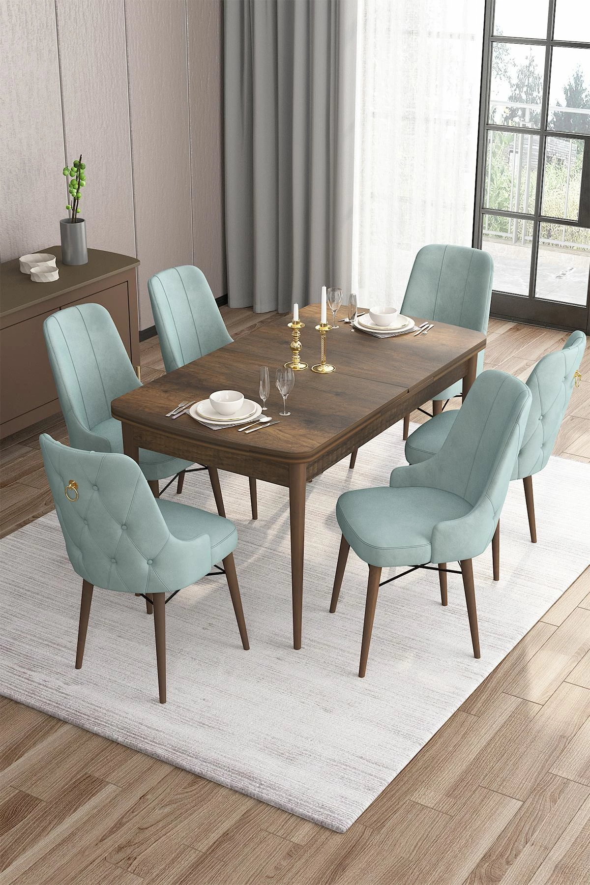 Tavolinë me karrige për ngrënie, zgjatshme, 7 copë, Skye Decor, Barok, Jeshile deti