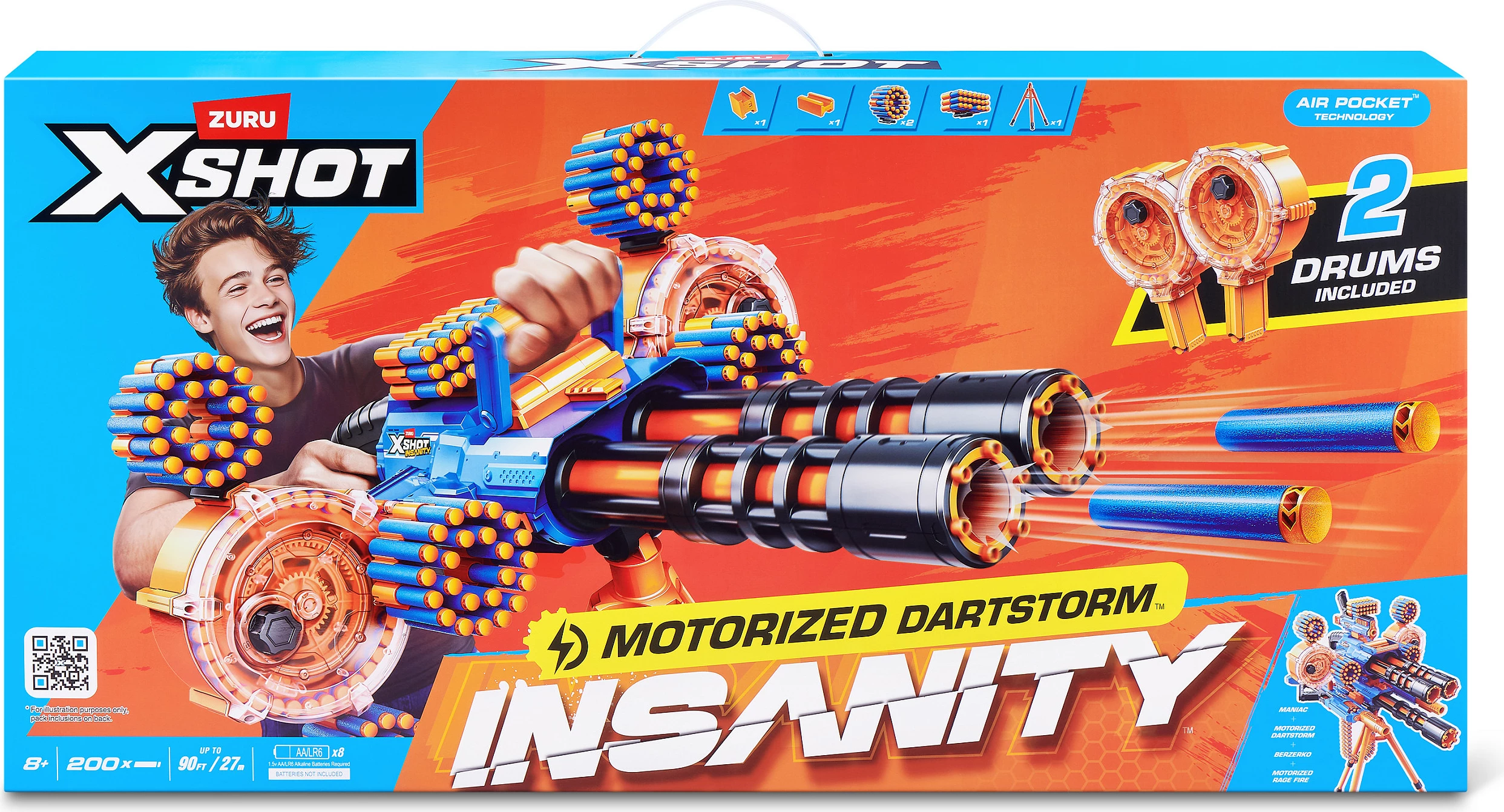 Blaster me dartsa ZURU XSHOT Insanity Series 1 Motorized Dartstorm, me tripod, 200 dartsa, portokalli/blu