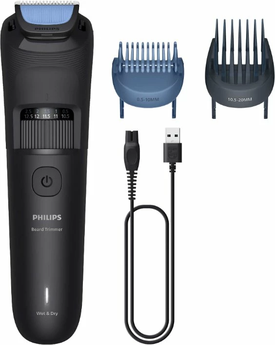 Trimer për mjekër Philips Series 3000 BT3620/15, 40 nivele, Wet & Dry, 70 min, set me 2 krehëra rregullues, blu