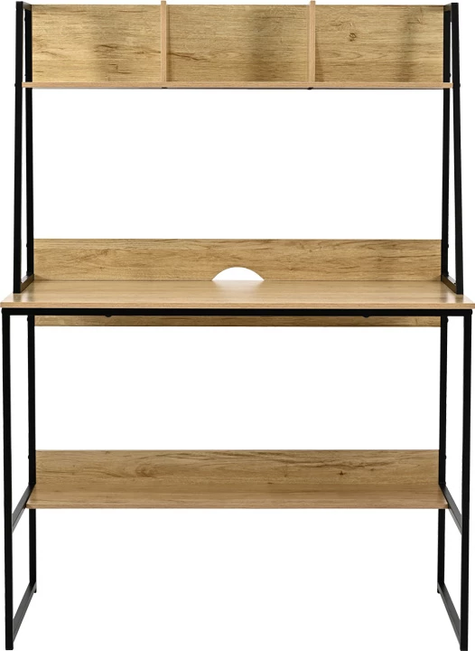 Tavolinë zyre me raft, ngjyrë lisi, këmbë metalike të zeza, Herbey, 100x48x139cm