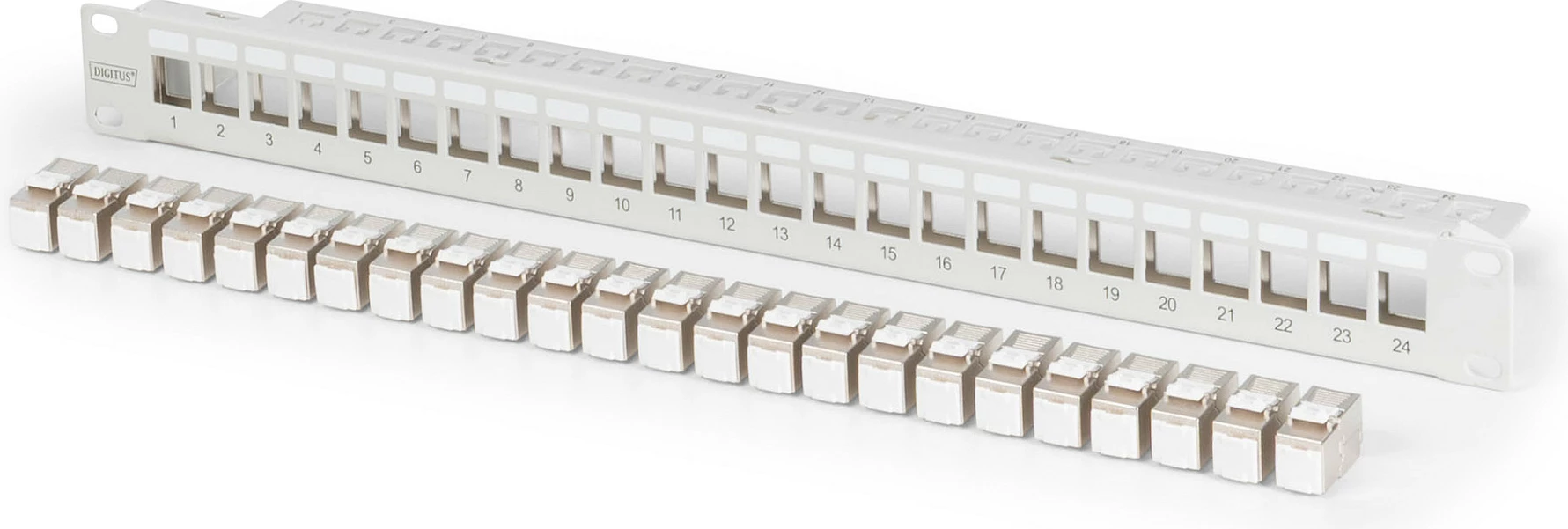 Patchpanel Digitus 1U, 24x RJ-45 Cat6A Keystone, i ekranizum, gri