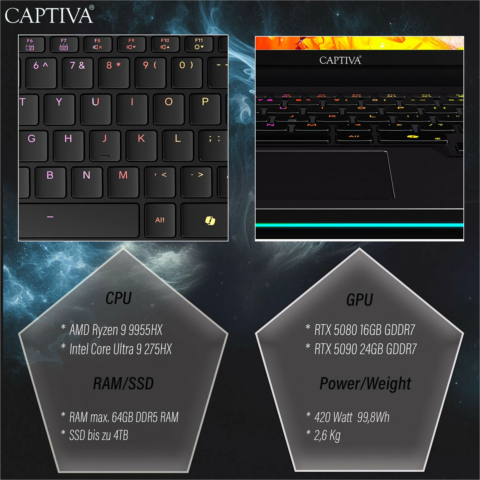 Laptop gaming Captiva Ultimate Gaming R95-062GE, 64GB RAM Memorje, 4TB SSD, GeForce RTX 5090 24GB, 16" WQXGA, Windows 11