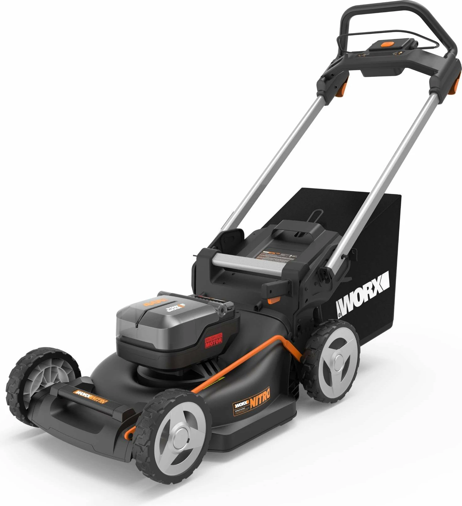 Kositëse bari me bateri Worx WG748E 40 V (2x20 V), 46 cm, shportë 55 L, 2x4.0 Ah + karikues i dyfishtë, e zezë/portokalli