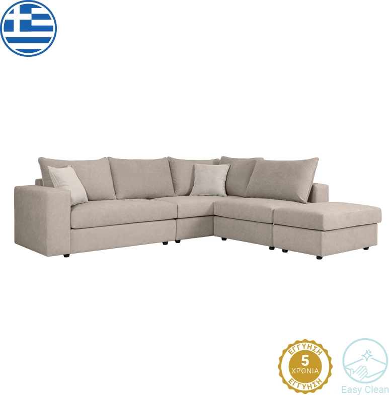 Divan polymorfik i kthyeshëm London, pëlhurë gri-bezhë, jastëkë gri të lehtë, 296x246x95 cm