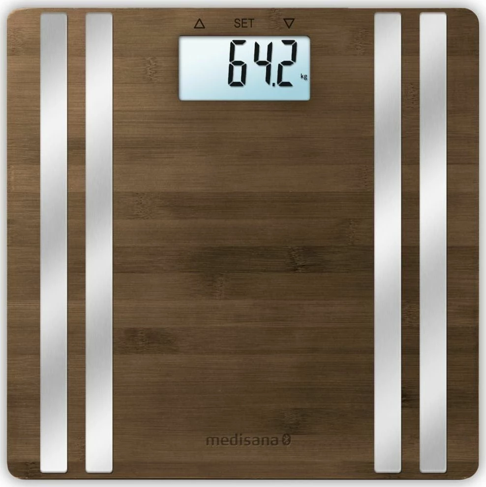 Peshore elektronike banjoje Medisana BS 552 Connect, analizë kompozimi trupi, Bluetooth, 160 kg, bambu, kafe e errët