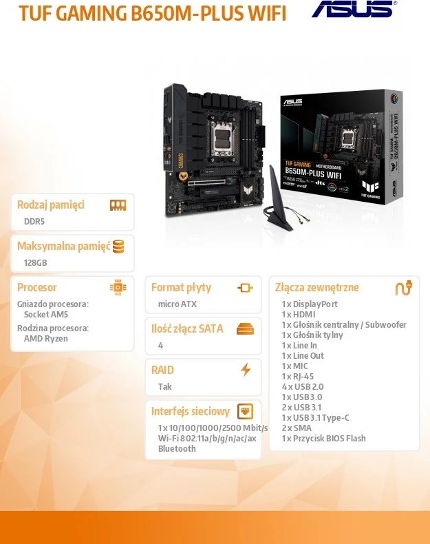 Pllakë amë, Asus, TUF GAMING B650M-PLUS WIFI, AM5, 4x DDR5, mATX, HDMI, Wi‑Fi