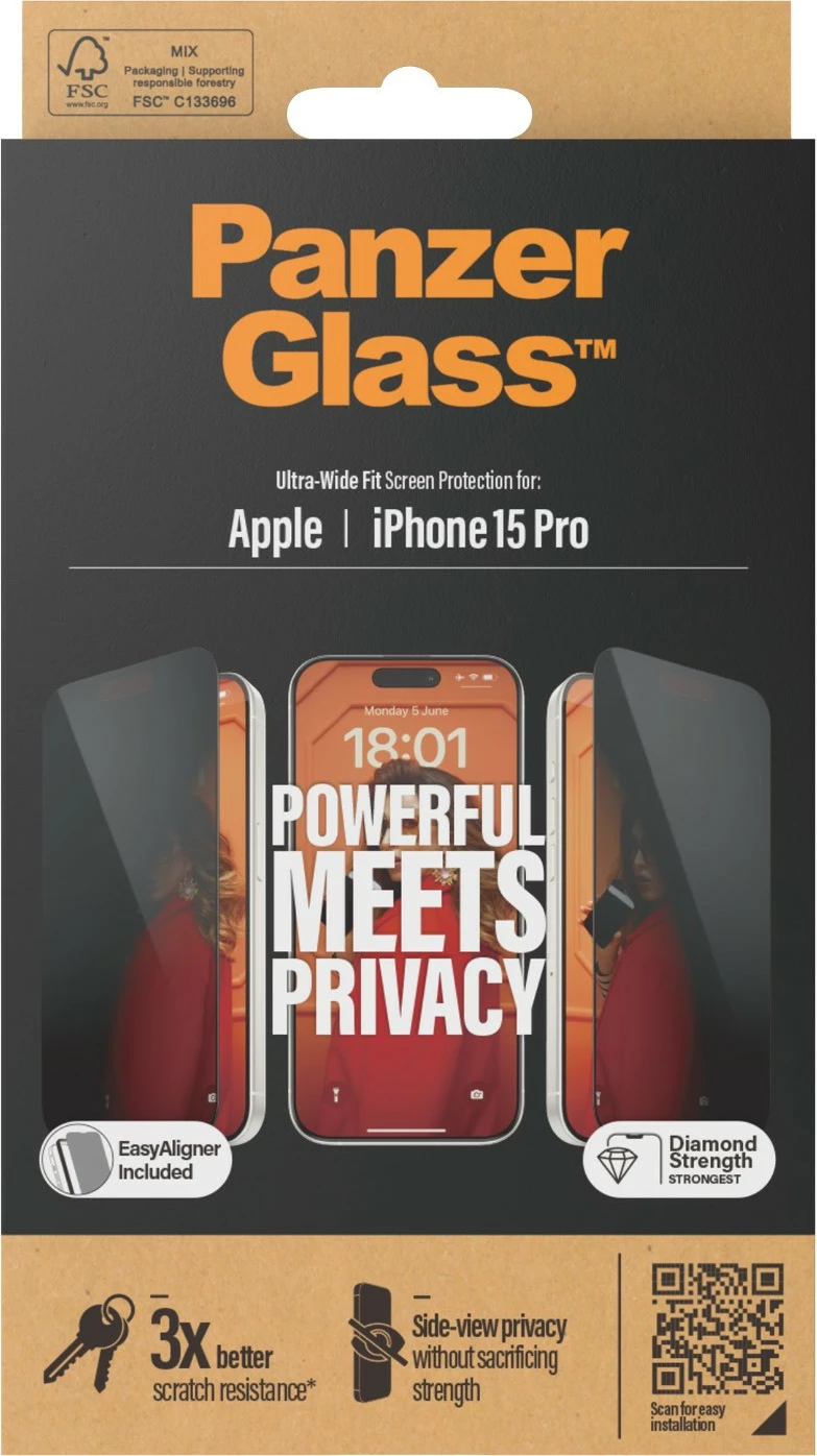 Mbrojtës ekrani PanzerGlass Privacy për iPhone 15 Pro, EasyAligner, transparent